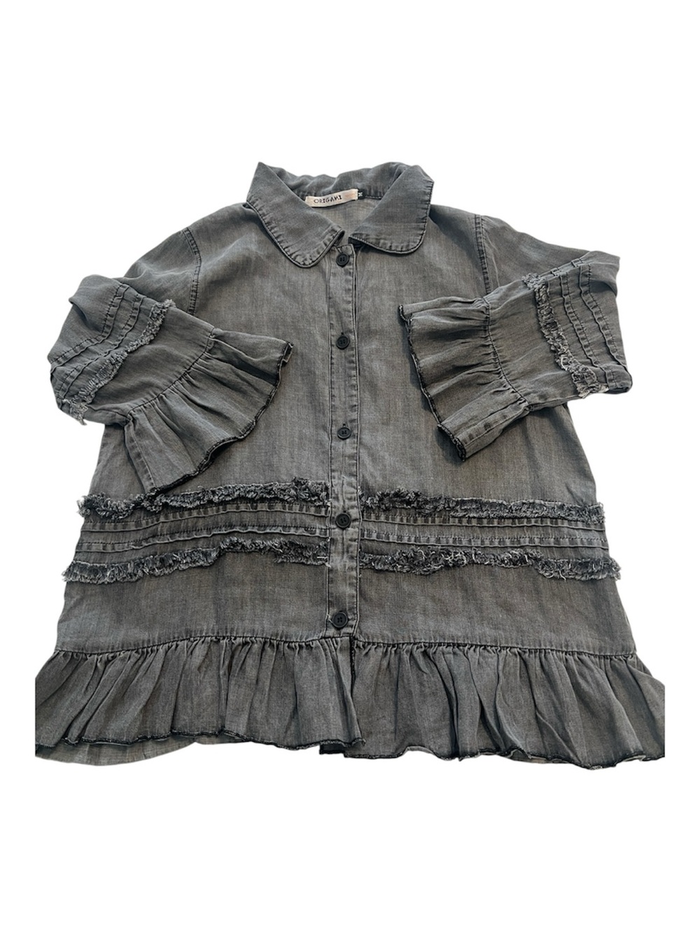 Origami by Vivienne SzM Gray Button Front Ruffle hem 3/4 sleeve Denim Shirt